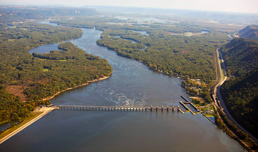 An aerial view of Lock and Dam 5 and surrounding landscape.